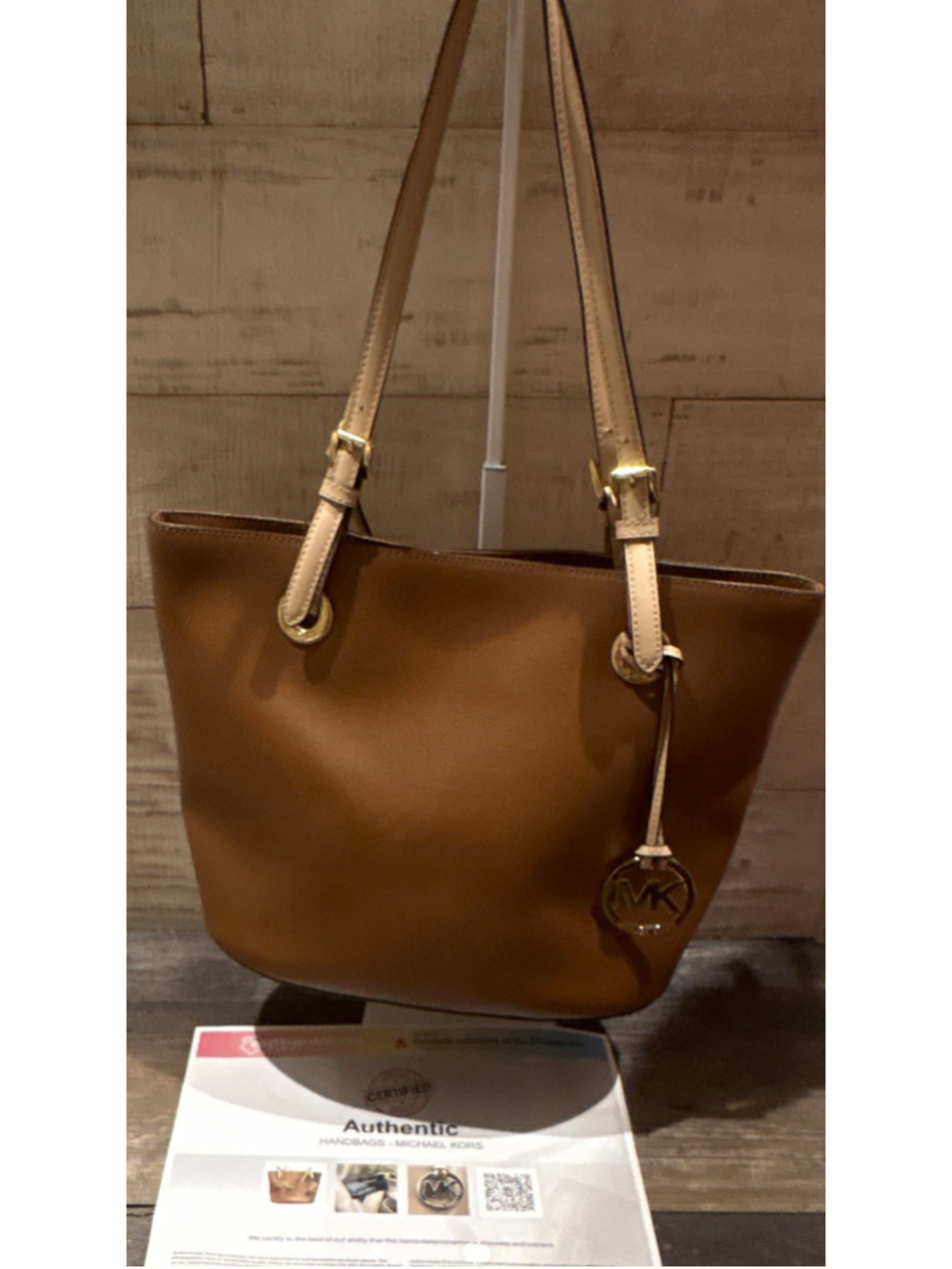 Michael Kors Brown Pebbled Tote Beige Shoulder Straps Gold Hardware MK Charm